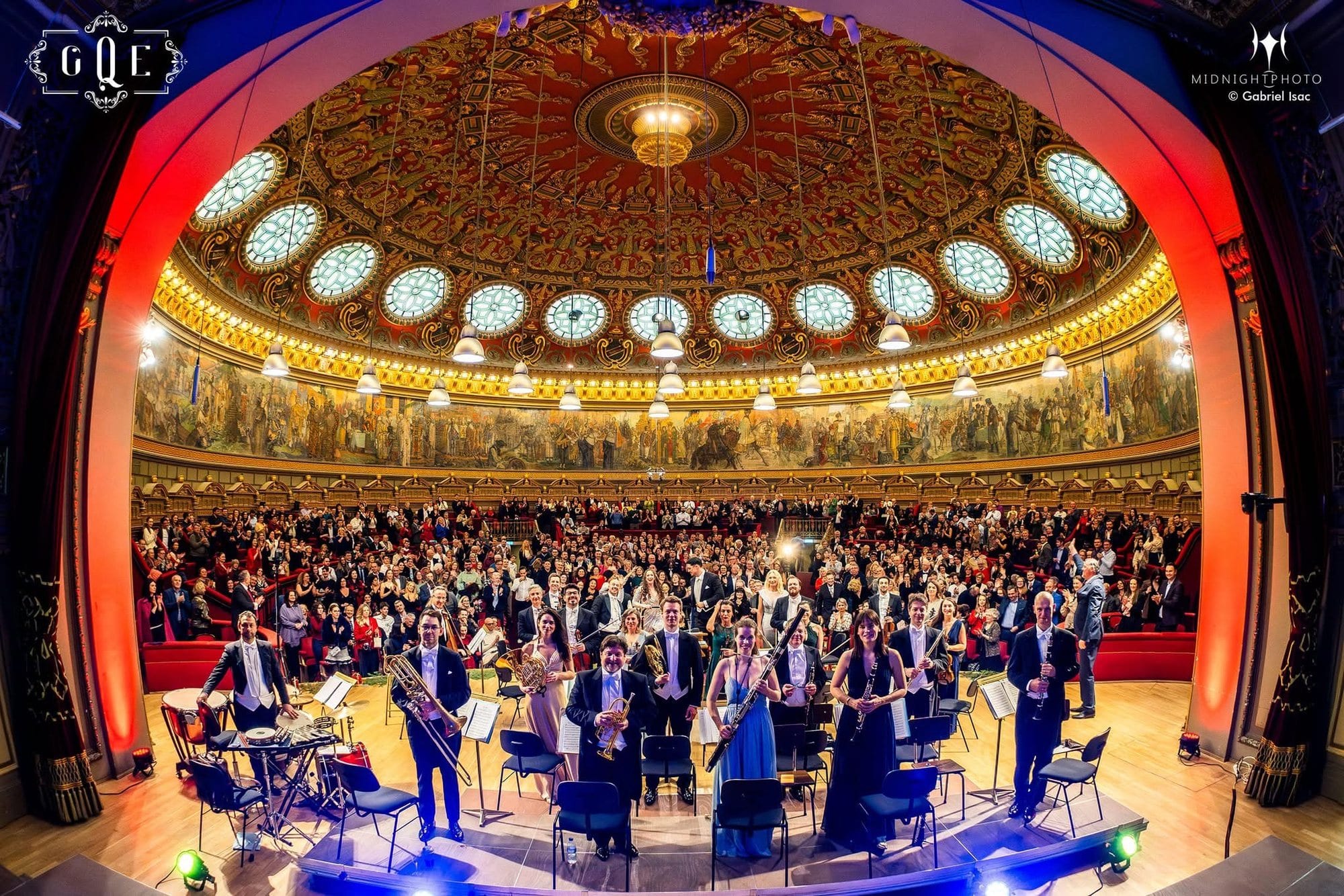 The orchestra on stage at the Romanian Athenaeum, Bucharest, full house